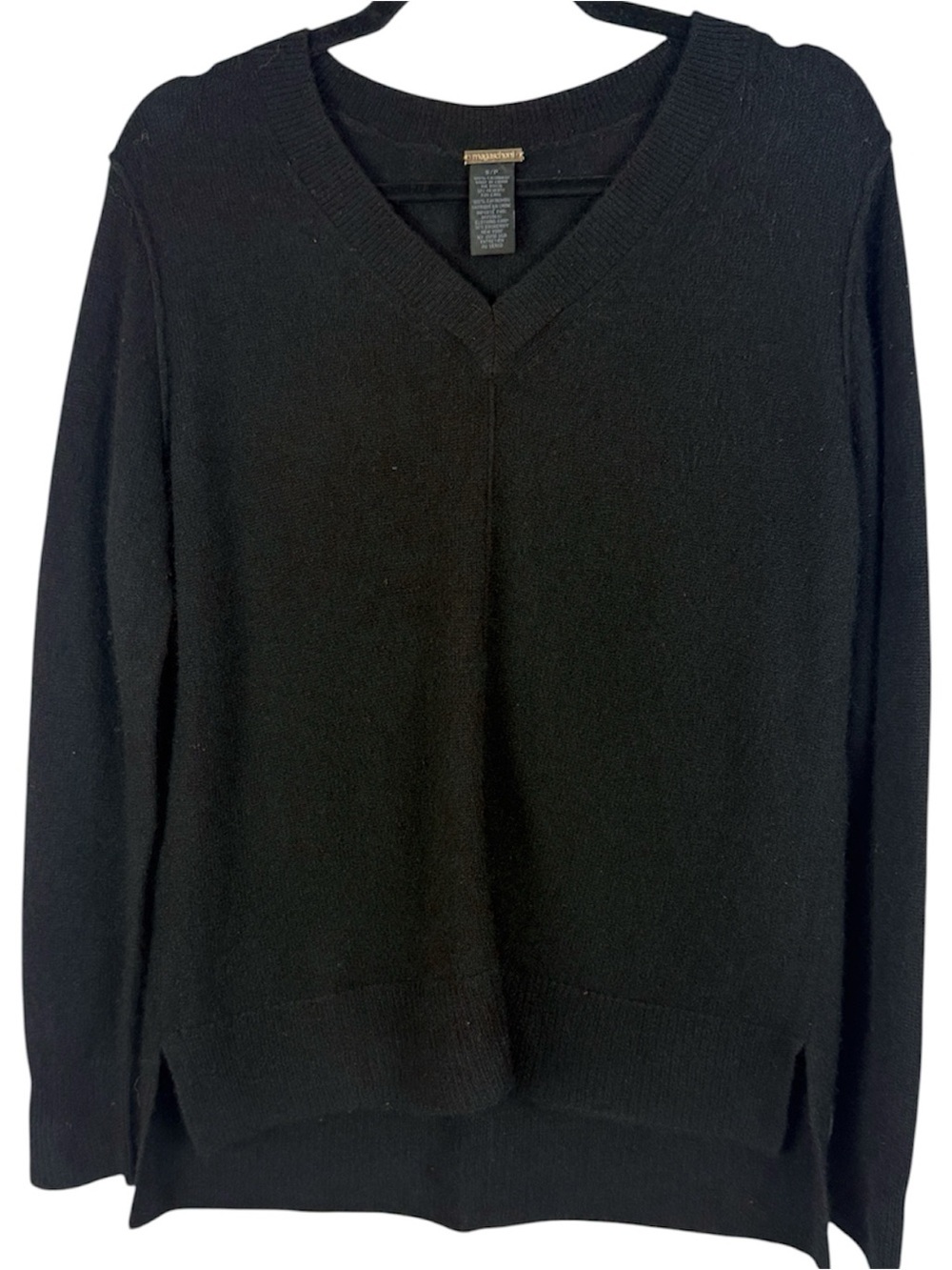 Magaschoni 100% Cashmere V-Neck Sweater Black Small High-Low Split Hem